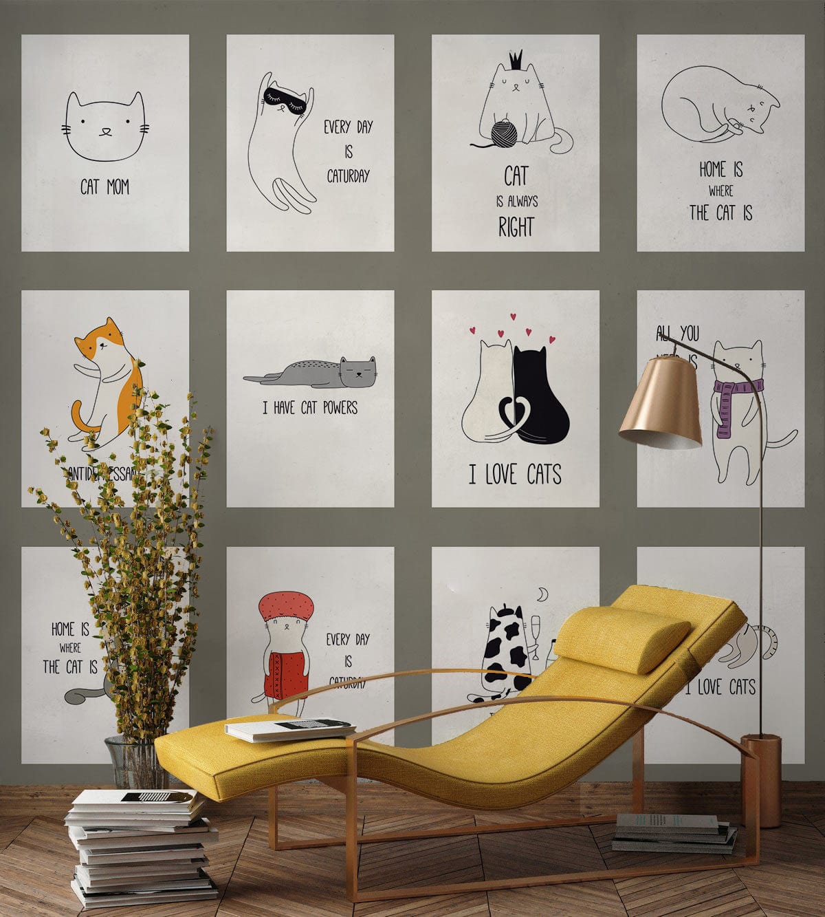 Whimsical Cat Illustration Wall Mural