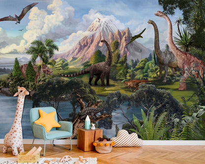 Dinosaur Adventure Prehistoric Landscape Wallpaper in children's room