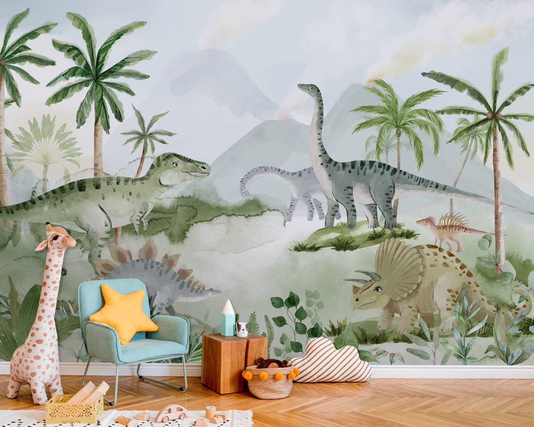 Prehistoric Adventure Mural Wallpaper in children's room