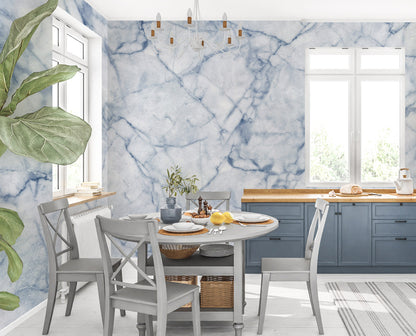Icy Blue Marble Mural Wallpaper in dining room