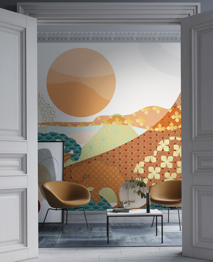 Sunlit Mountains & Waves Mural Wallpaper in lounge