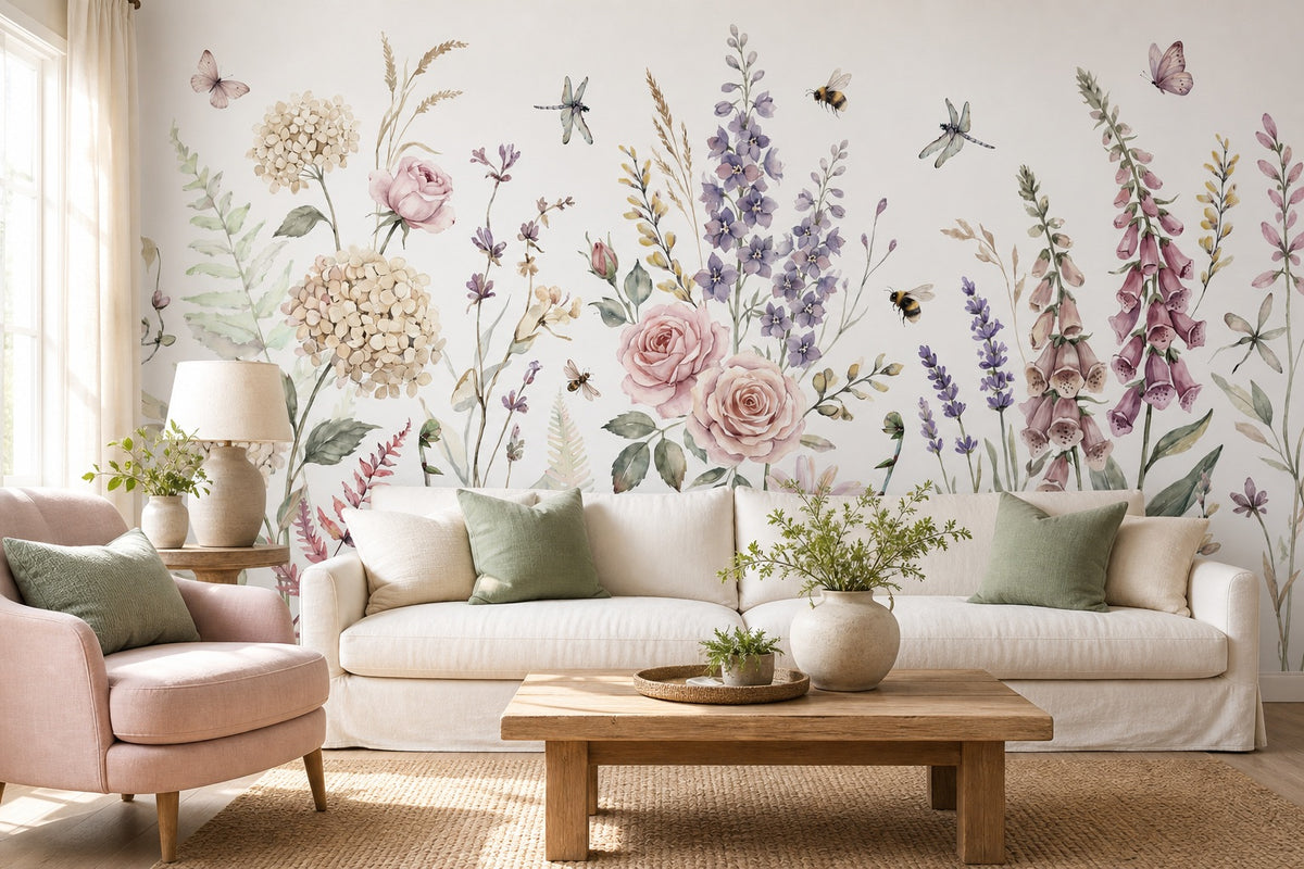 Clay Rose and Lavender Garden Wallpaper Mural - 1