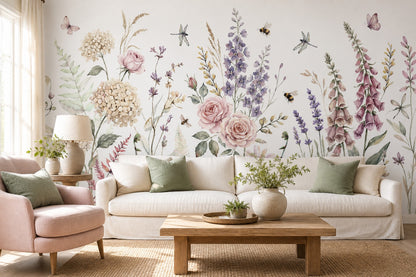 Clay Rose and Lavender Garden Wallpaper Mural - 1