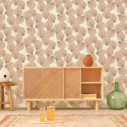 Living room wallpaper mural with cluttered ginkgo leaves