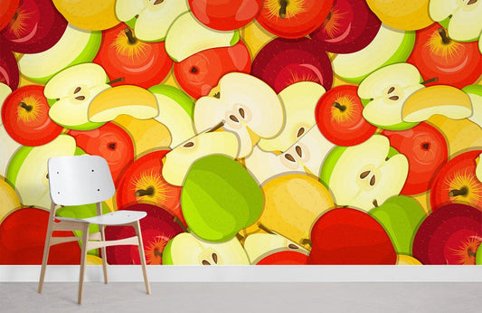 wallpaper with a fruit pattern of colored apples