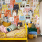 Home Decoration Featuring a Cartoon Wall Mural Depicting a Variety of Cats in Vibrant Colors