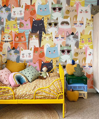 Home Decoration Featuring a Cartoon Wall Mural Depicting a Variety of Cats in Vibrant Colors