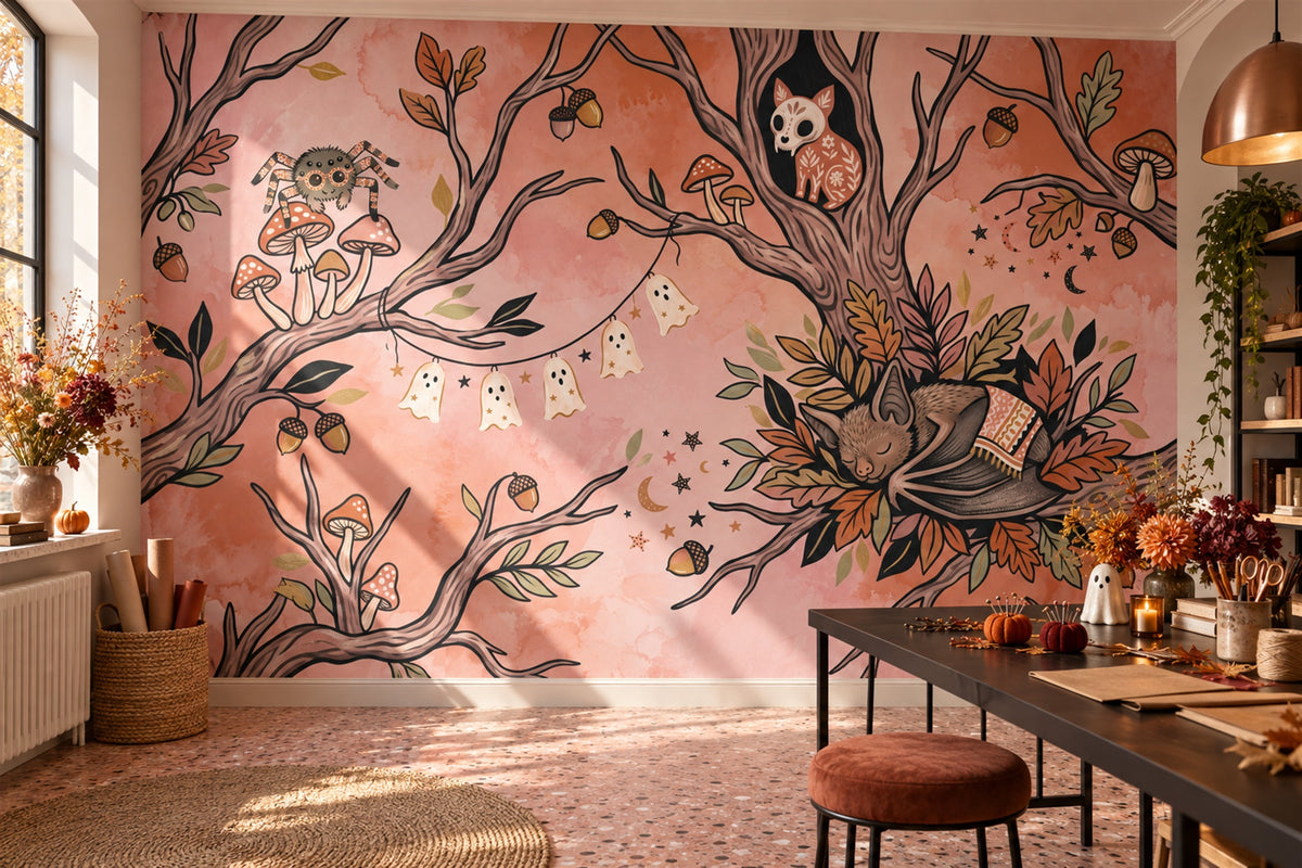 Skull Moths and Autumn Branches Halloween Wallpaper Mural - image 1