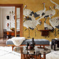 Gold Japanese Crane Bird Mural Wallpaper