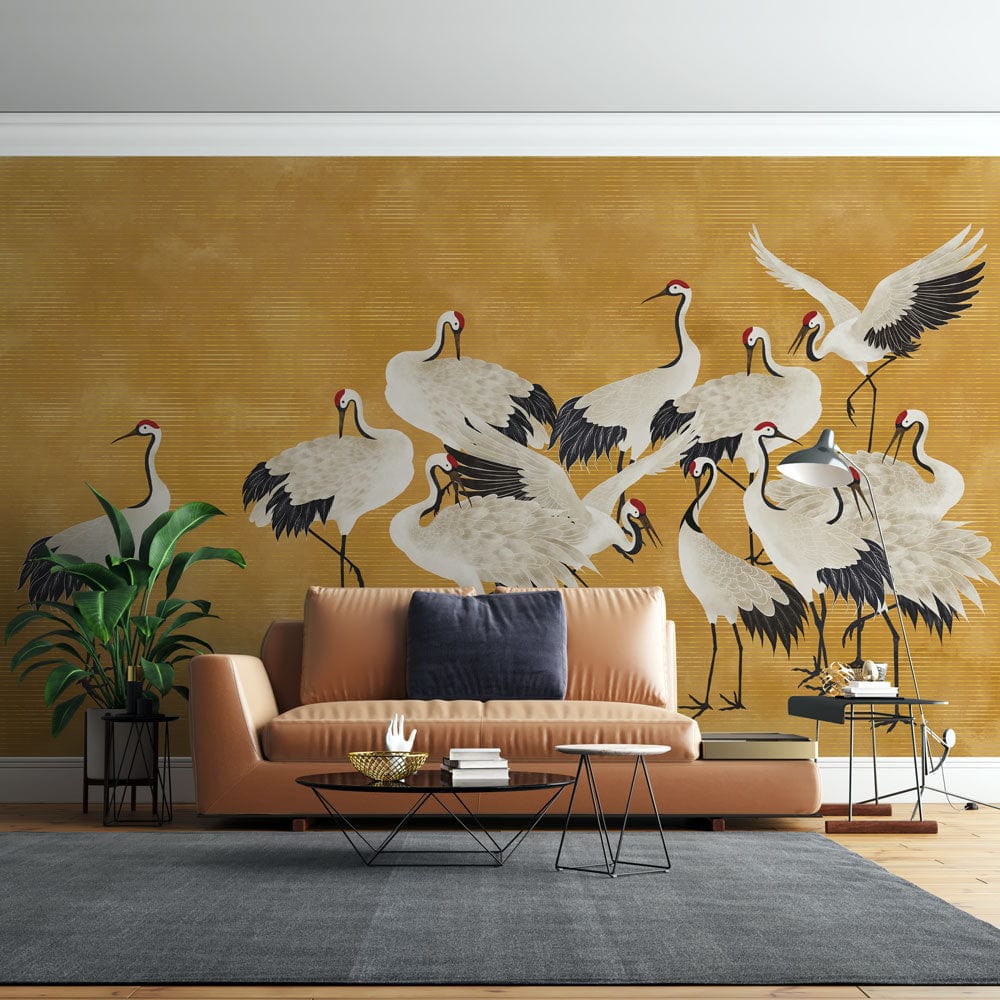 Gold Japanese Crane Bird Mural Wallpaper