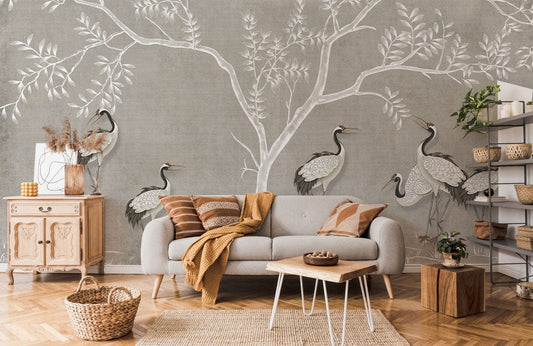 Elegant Crane Bird Botanical Mural Wallpaper