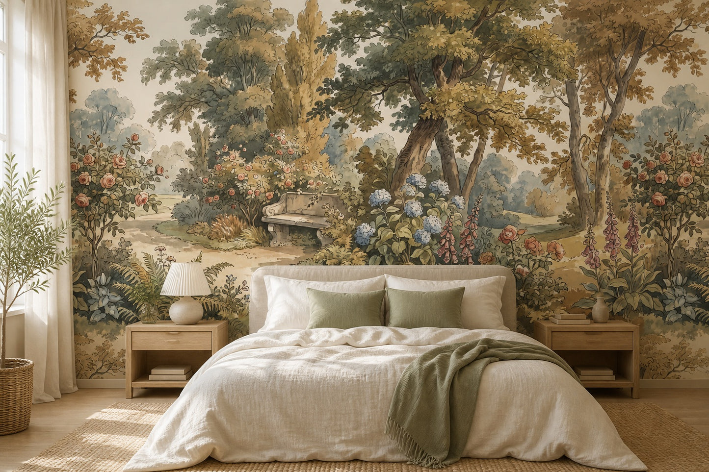 Cream Woodland Bench Garden Wallpaper Mural - 4