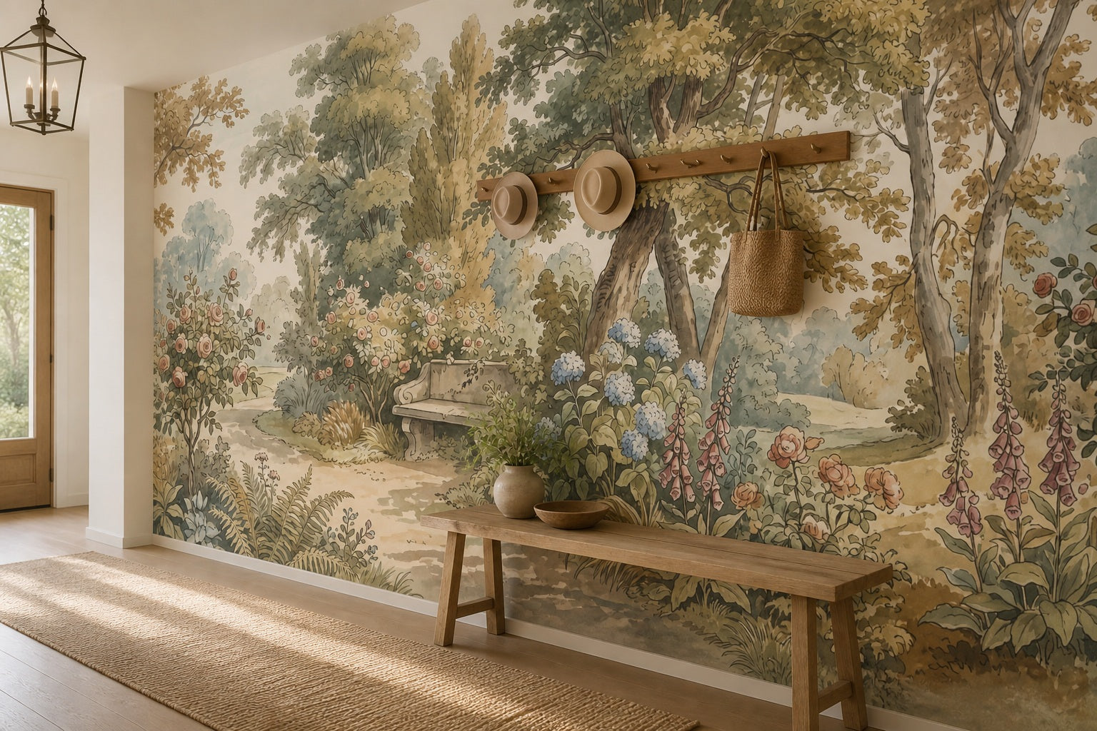 Cream Woodland Bench Garden Wallpaper Mural - 5