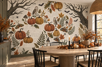 Pumpkins Owls Bats and Autumn Foliage Halloween Wallpaper Mural - image 1
