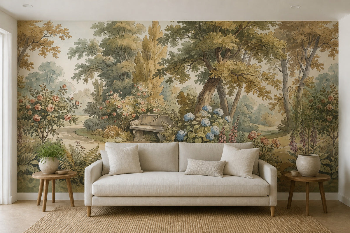 Cream Woodland Bench Garden Wallpaper Mural - 9