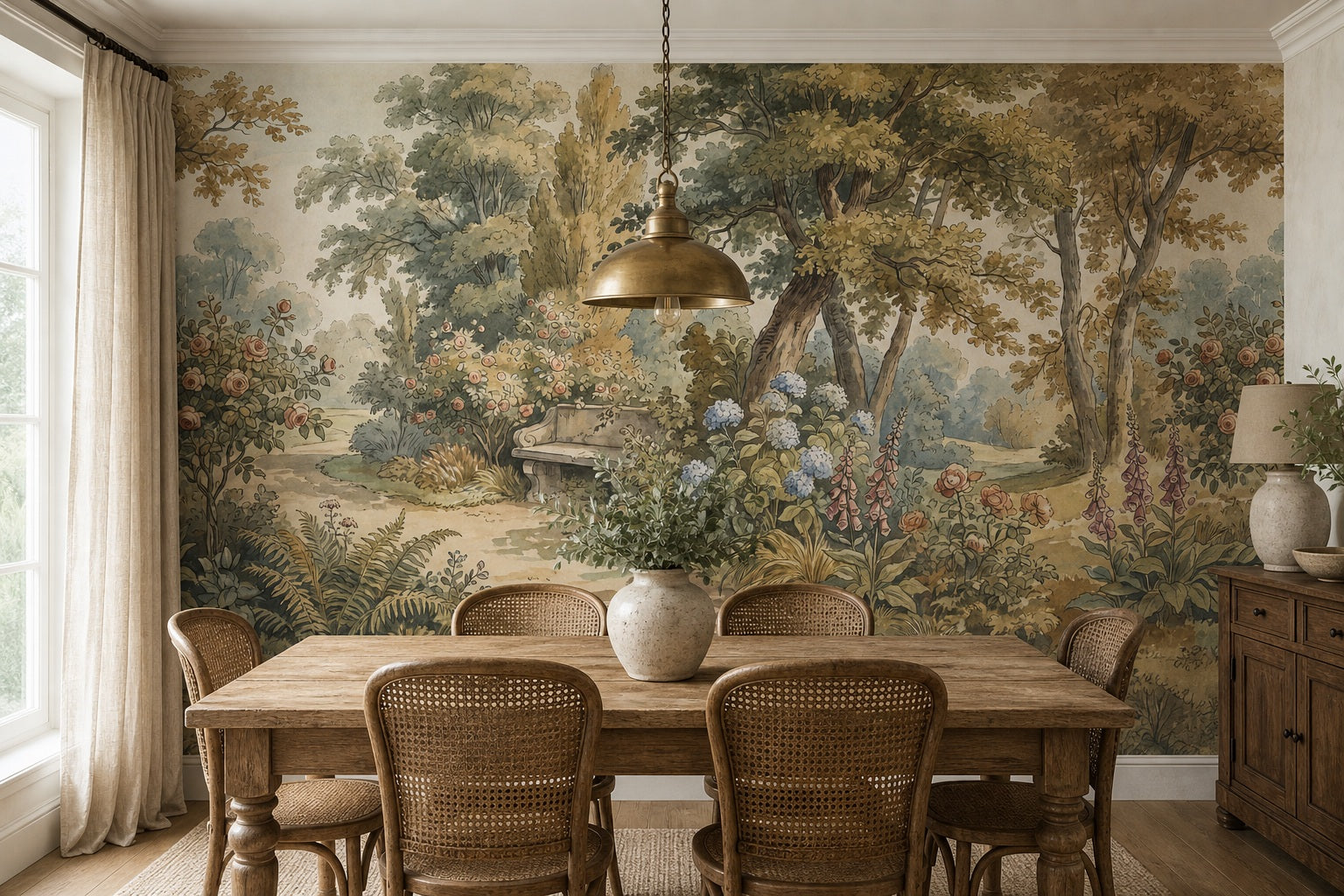 Cream Woodland Bench Garden Wallpaper Mural - 3