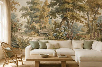 Cream Woodland Bench Garden Wallpaper Mural - 1