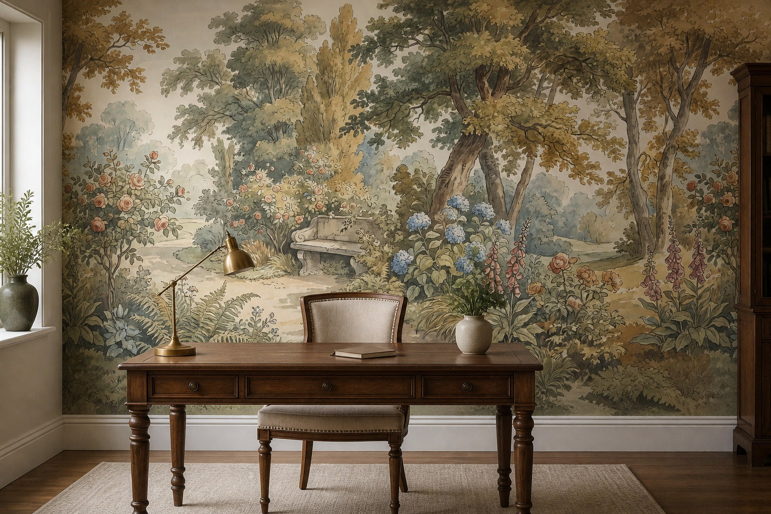 Cream Woodland Bench Garden Wallpaper Mural - 6