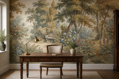 Cream Woodland Bench Garden Wallpaper Mural - 6