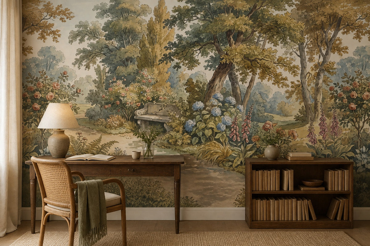 Cream Woodland Bench Garden Wallpaper Mural - 7