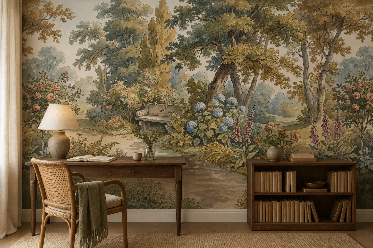 Cream Woodland Bench Garden Wallpaper Mural - 7