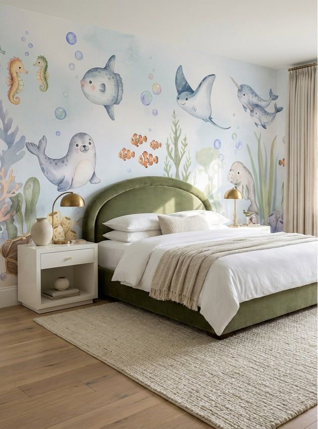 Aqua Sea Life Wallpaper Mural room scene