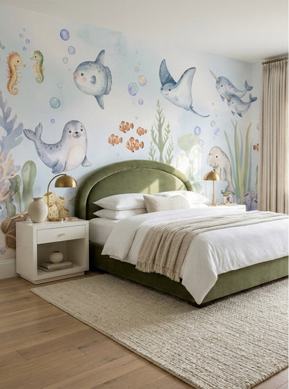 Aqua Sea Life Wallpaper Mural room scene
