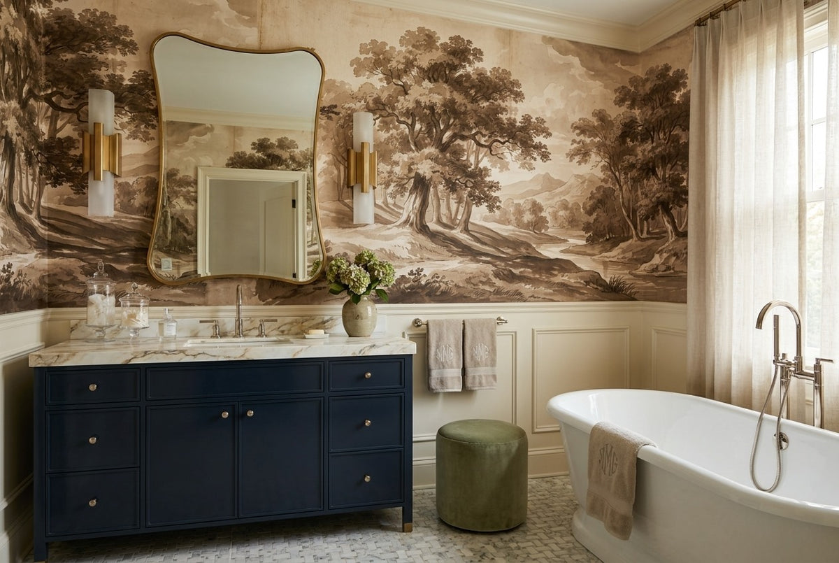 Sunlit Forest Engraving Sepia Wallpaper Mural - image 3
