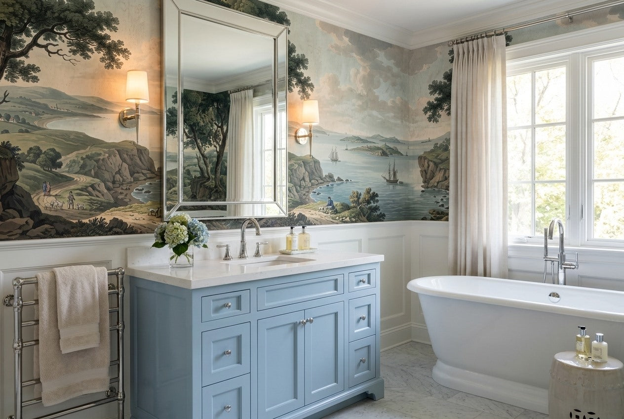 Soft Aqua Coastal Lake Landscape Wallpaper Mural room scene