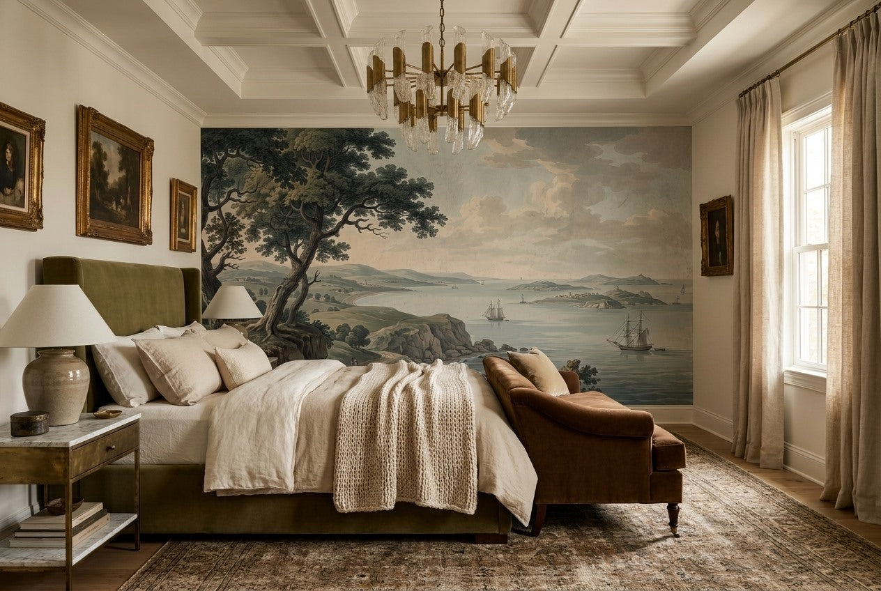 Soft Aqua Coastal Lake Landscape Wallpaper Mural room scene