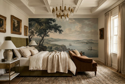 Soft Aqua Coastal Lake Landscape Wallpaper Mural room scene