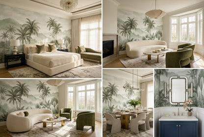 Mint Palm Hand-Painted Jungle Wallpaper Mural interior scene