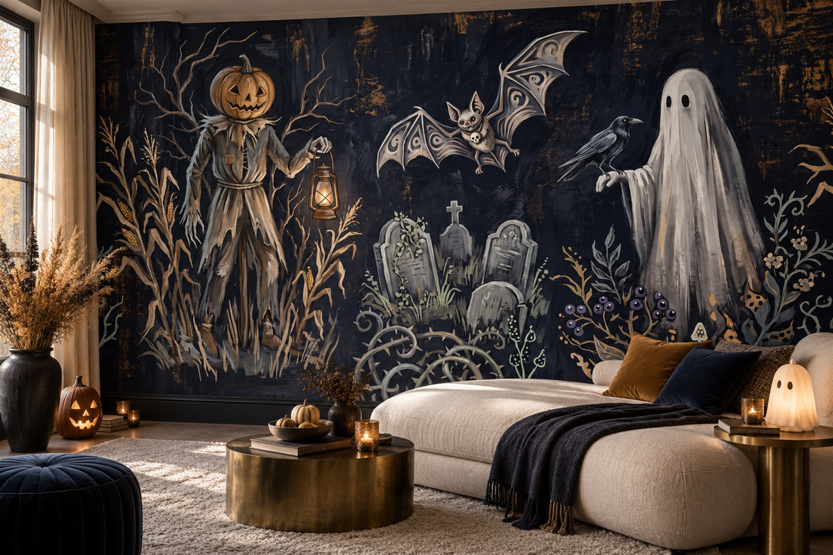 Scarecrow Ghost Raven and Graveyard Halloween Wallpaper Mural - image 1