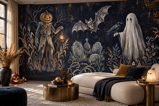 Scarecrow Ghost Raven and Graveyard Halloween Wallpaper Mural - image 1