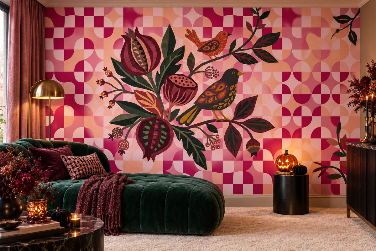 Geometric Flowers Owls and Pink Checks Halloween Wallpaper Mural - image 3