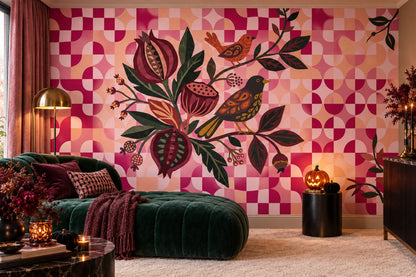 Geometric Flowers Owls and Pink Checks Halloween Wallpaper Mural - image 3