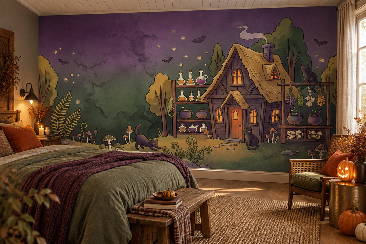 Witch Cottage Potions and Black Cat Halloween Wallpaper Mural - image 1