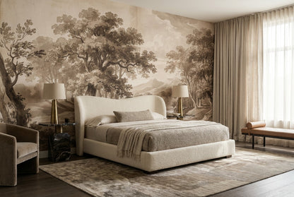 Sunlit Forest Engraving Sepia Wallpaper Mural - image 4