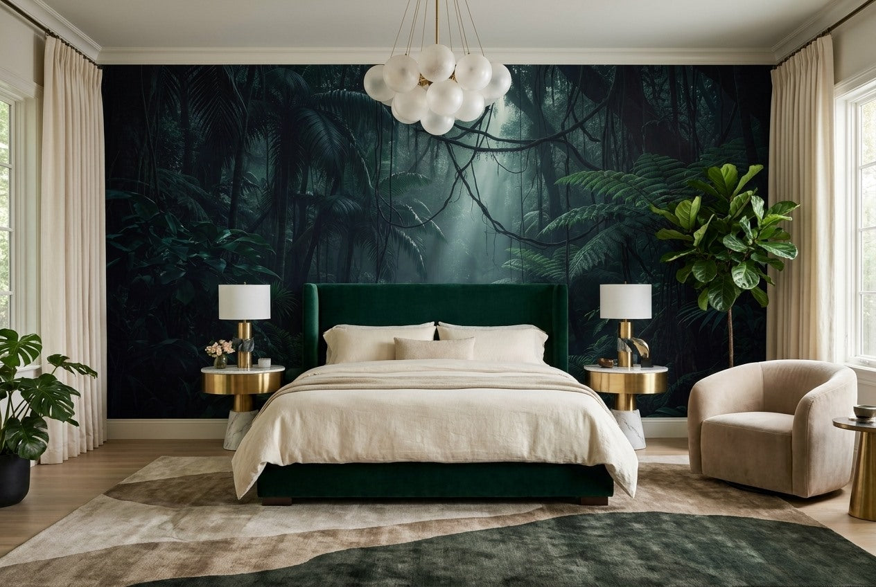 Mysterious Teal Dark Jungle Wallpaper Mural room setting