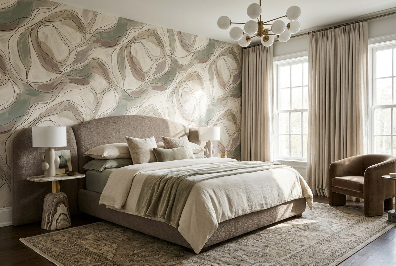 Beige Line Art Wallpaper Mural view 4