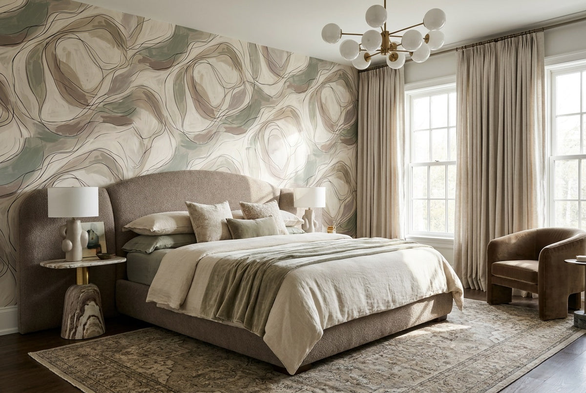 Beige Line Art Wallpaper Mural view 4