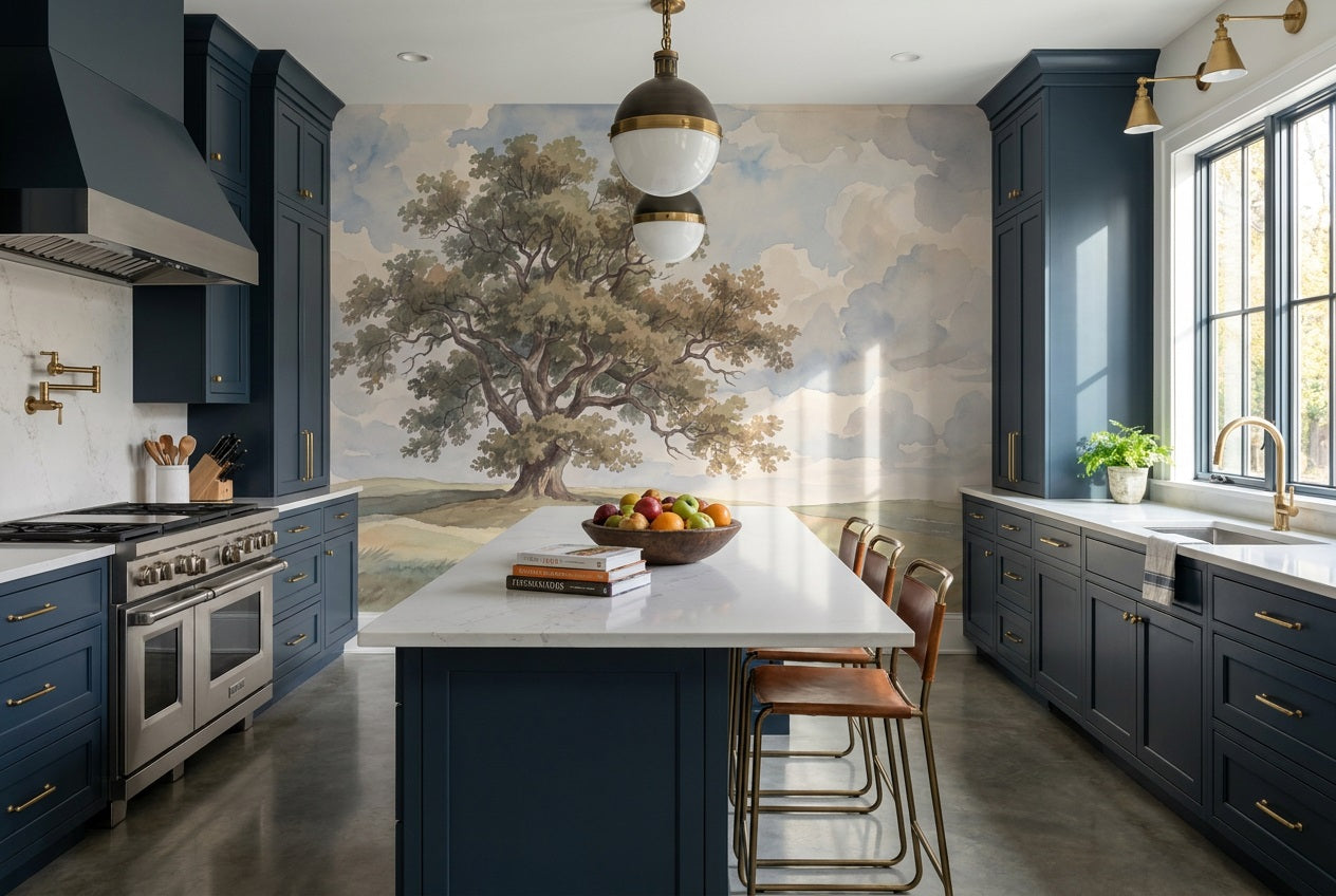 Beige Oak Tree Countryside Wallpaper Mural - 5