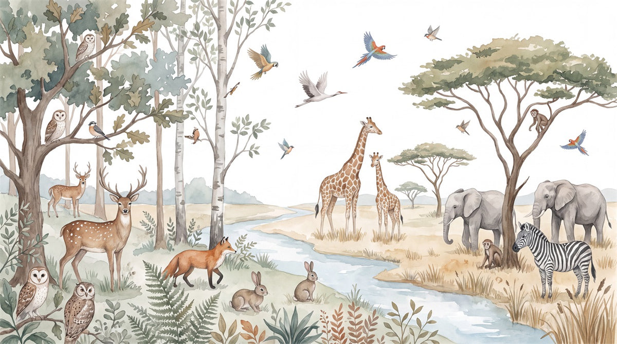Beige Safari Birds Wallpaper Mural artwork