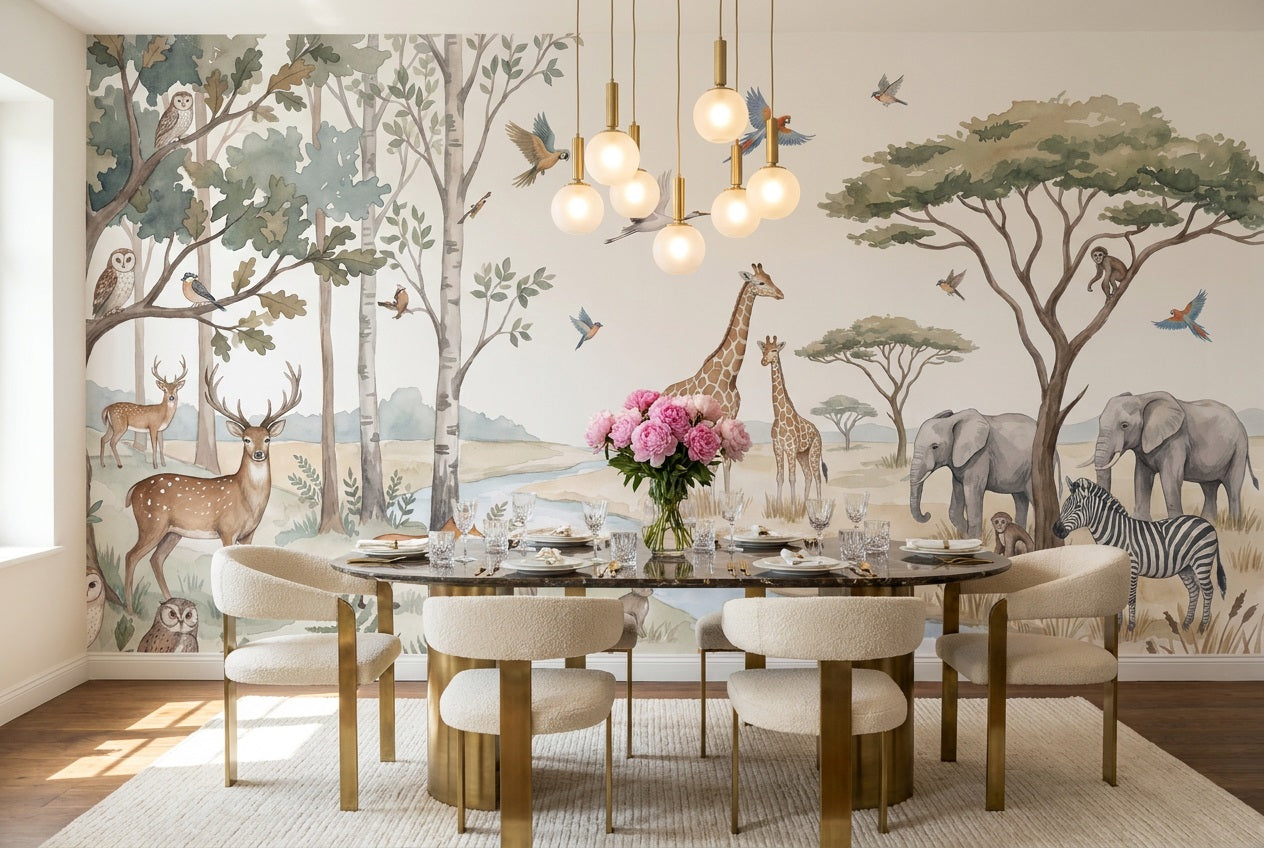 Beige Safari Birds Wallpaper Mural room scene