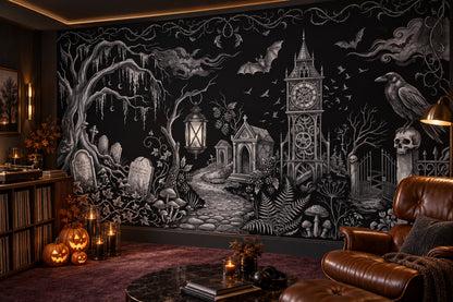 Moonlit Cemetery Ravens and Gothic Tower Halloween Wallpaper Mural - image 3