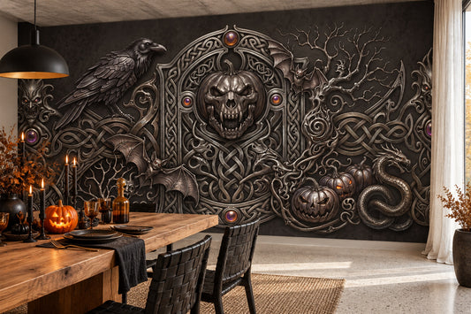 Raven Skull Serpent and Ornate Gothic Frame Halloween Wallpaper Mural - image 1