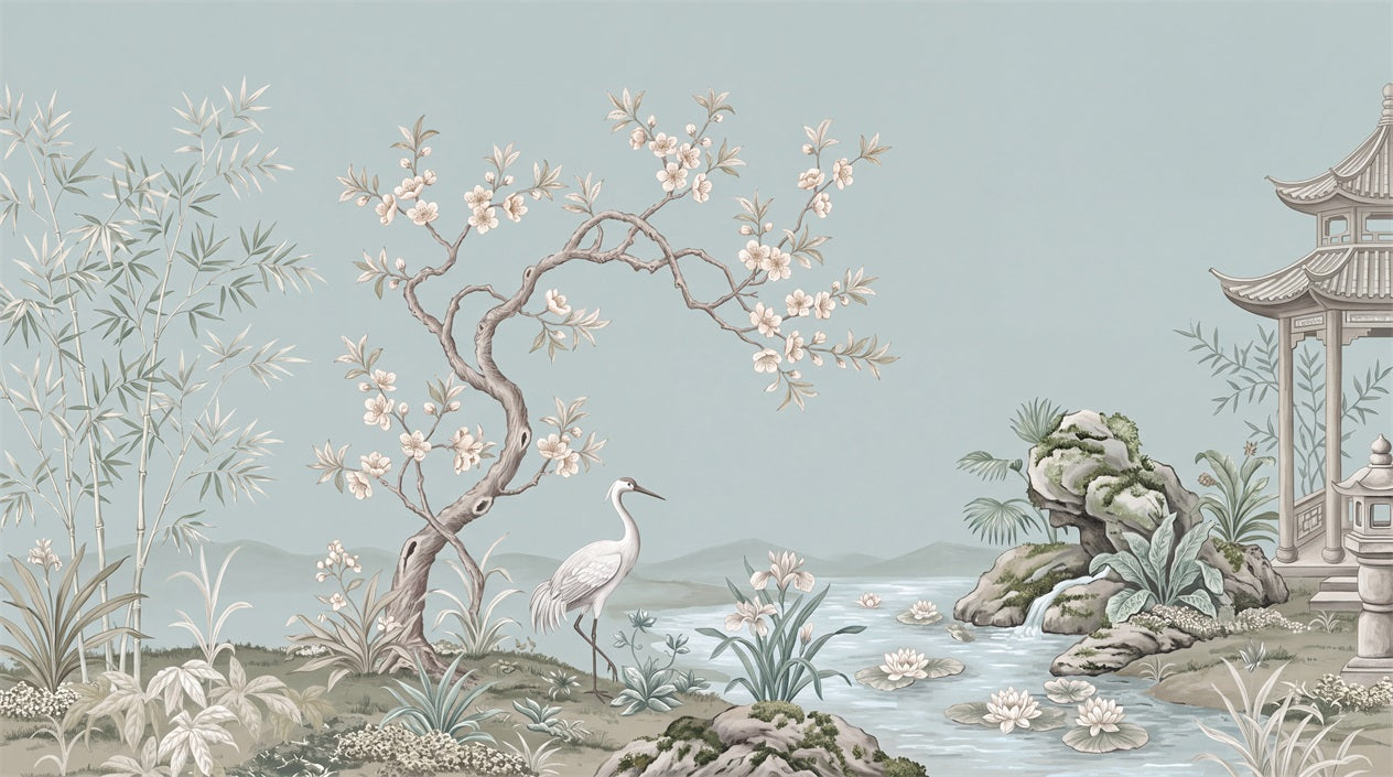 Blue Crane Garden Chinoiserie Wallpaper Mural - 2
