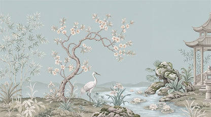 Blue Crane Garden Chinoiserie Wallpaper Mural - 2