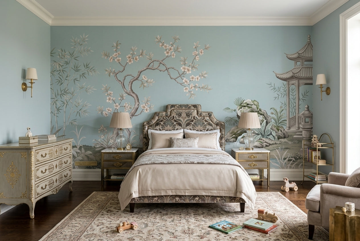 Blue Crane Garden Chinoiserie Wallpaper Mural - 5
