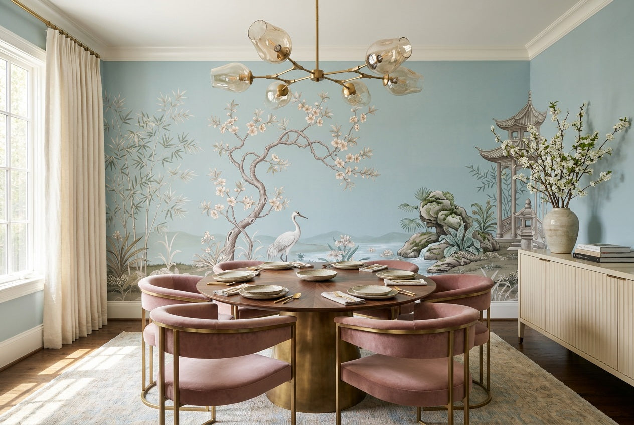 Blue Crane Garden Chinoiserie Wallpaper Mural - 3